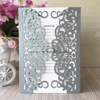 

12pcs/lot free shipping Hollow Silver Wedding Invitations Card Two Folds RSVP cards Laer Cut