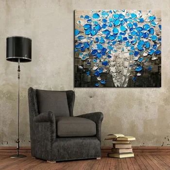 

New Design Wholesale Unique Design High Quality Handmade Living Room Blue Flower Oil Painting On Canvas