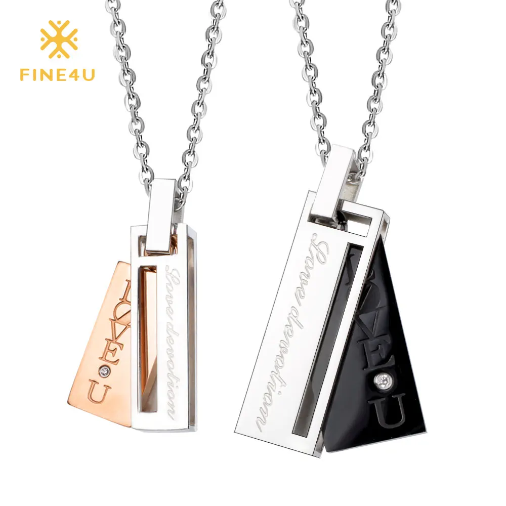 

FINE4U N077 Couples Necklaces For Lovers 316L Stainless Steel Rectangle Pendants Necklaces For Couple Valentine's Day Gifts