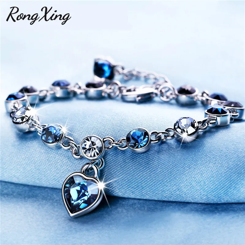 

RongXing Sparkling Round Blue/White Chain Bracelets For Women New Fashion White Gold Filled Blue Heart Charm Bracelet ZR0046