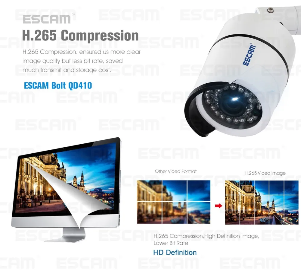 Escam QD410 болт IP Камера H.265 4MP 1520 P Onvif P2P ИК наружного наблюдения Ночное Видение видеонаблюдения Камера Android iPhone