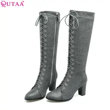 QUTAA/ г. Модные женские сапоги до колена на шнуровке Универсальные женские мотоциклетные сапоги с круглым носком из искусственной кожи на квадратном каблуке размеры 34-43