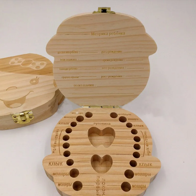 Spagnolo Inglese Russo di Legno Del Bambino Dente Box Organizzatore Denti da Latte di Stoccaggio Raccogliere Denti UmbilicaSave Cavo Lanugine Regalo caja madera