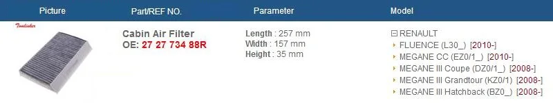 Tonlinker воздушный фильтр в салон автомобиля 272773488R подходит для Renault Fluence L30 Megane CC модель 2010 2011 2012 2013 фильтрующий элемент сердечника