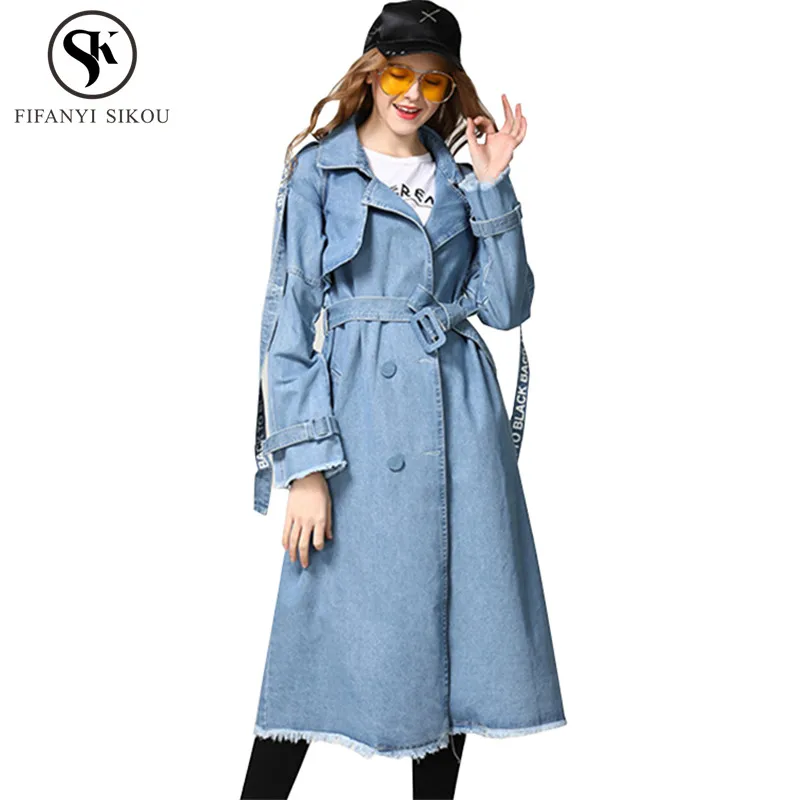 

2018 Autumn Winter New Women Long Denim Trench coat Fashion Double Breasted Belt Ladies Loose Streetwear Trench Outwear LP392