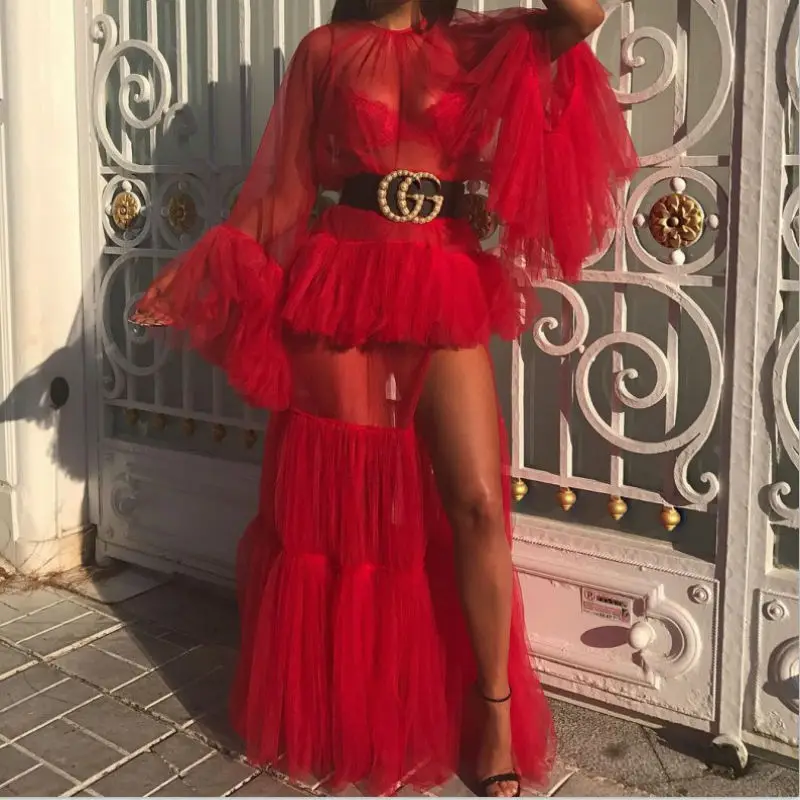 

New fashion perspective summer dresses red khaki mesh evening club party women's dress loose floor -length long dress