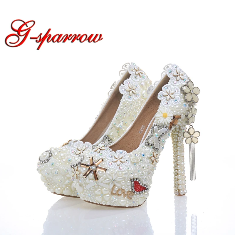 2018 Classic Wedding Dress Shoes White Pearl Bride Shoes Party High Heels 5 Inches Heel Top Grade Leather Pumps Rhinestone