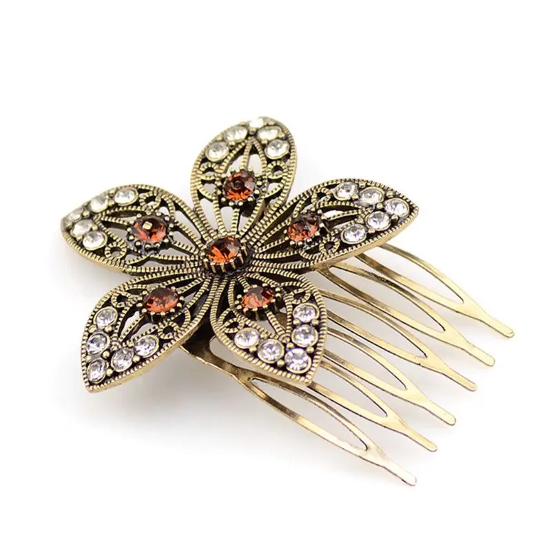 

Ethnic Vintage Metal Alloy Hair Combs Lady Bridal Hollow Star Flower Jewelry Hairpins Glitter Rhinestone Headwear