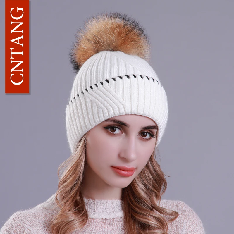

CNTANG Winter Wool Women Hats Warm Knitted Cap With Real Raccoon Fur Pompom Caps Skullies Beanies Fashion Hat For Female 2018