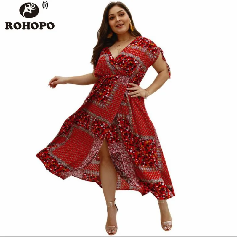 

Summer Plus Size Women Dress V neck Short Sleeve Bohemian Fashion Ankle Length Loose Dresses Ladies Office Split Vintage Dress