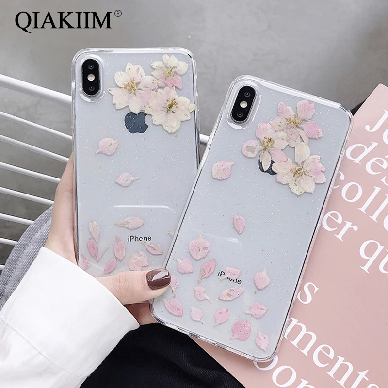 

Real Dried Flower Transparent Phone Case For iPhone X XS XR Xs Max 8 7 6 6S Plus TPU Silicon Clear Cases Floral Soft Cover Coque