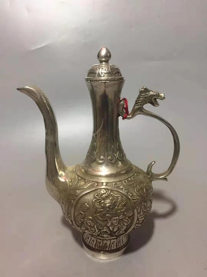 

Exquisite Chinese Old Decorative White Copper Auspicious Patterns Teapot No.2