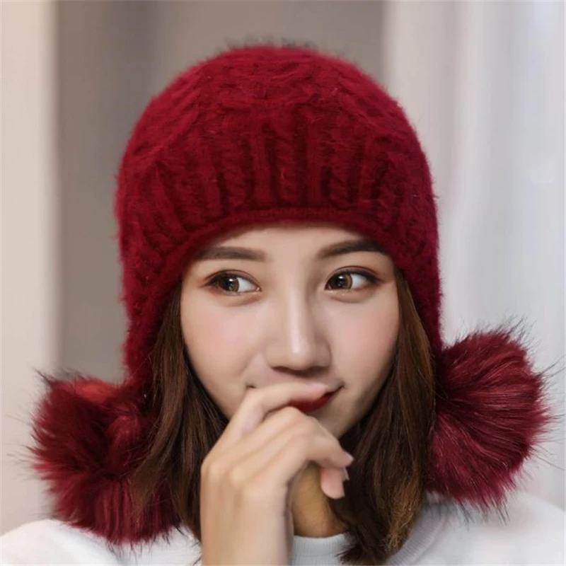 

Female Outdoor Warm Rabbit Hat Women Thick Fur Hats Lady Warm Bomber Hat Ear Protection Breathable Winter Thick Cap Knitting Cap
