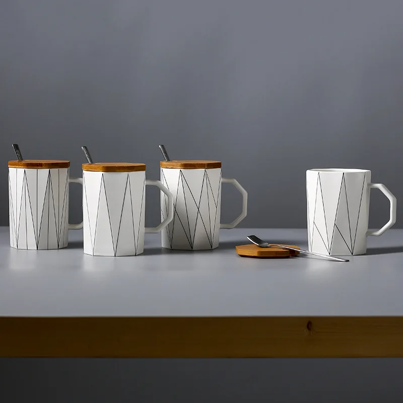 Креативная матовая Геометрическая кружка с бамбуковой крышкой, металлическая ложка, микроволновка, чашка для молока, керамическая чашка, кружки для дома и офиса, посуда для напитков, 400 мл