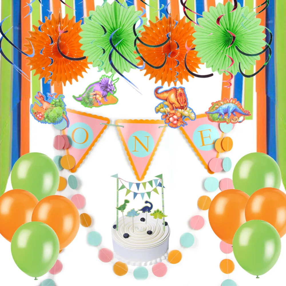 

Dinosaur Theme First Birthday Party Decoration Set ONE High Chair Banner Hanging Swirls Cake Topper Crepe Streamer Balloons Boy