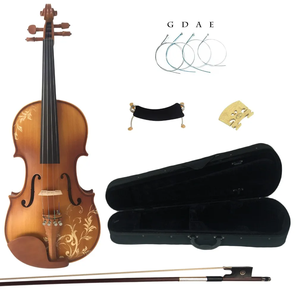 Kinglos 4/4 Full Size Carved Solid Wood Violin Kit Ebony Fittings with