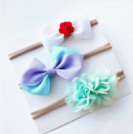 

on sale 3pcs/set Cute ribbon hair bow chiffon flower headwear unicorn nlyon headbands kids hair accessories