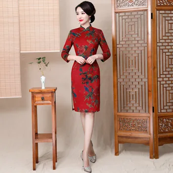 

New Chinese Traditional Women Wool Long Qipao Printed Vintage Cheongsam Novelty Chinese Formal Dress Size M L XL XXL 3XL 4XL