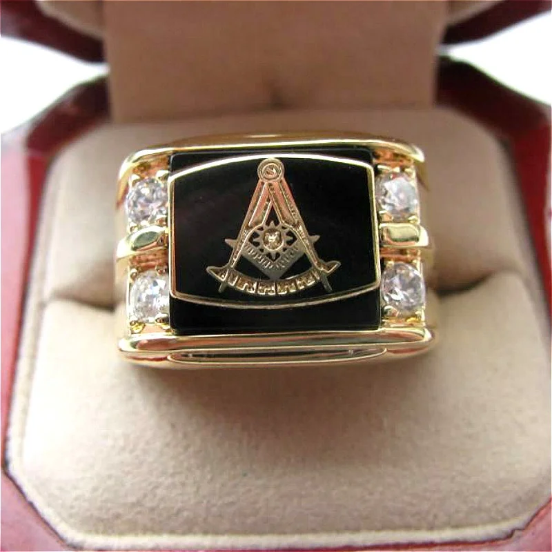 Hot Selling Natural Onyx 18kt Gold Filled Masonic Memorial religious Party ring Size 7 8 9 10 11 12 13 14 15