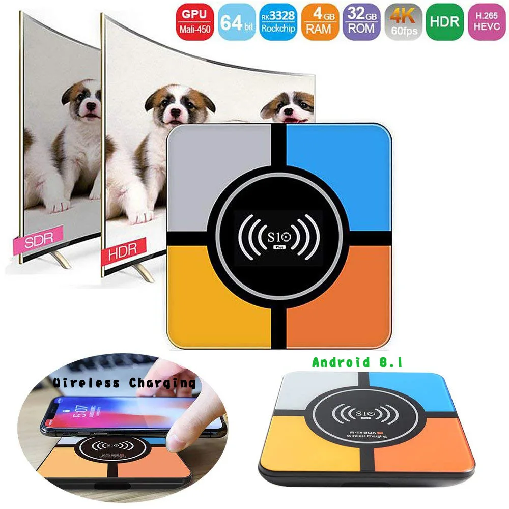 

S10 Plus Android 8.1 Smart TV Box RK3328 4GB 32GB S10PLUS Set top box 2.4GHz Wifi 100M LAN 4K H.265 USB3.0 Qi Wireless Charger