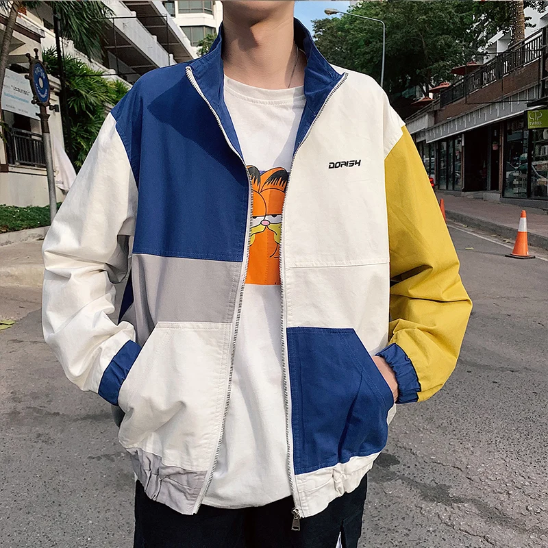 

patchwork Oversized Jacket Men Summer Streetwear College Varsity Hip Hop Jacket Man Anorak Windbreaker Short Mens Coat 5J59