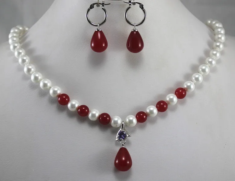 

designed 8mm nice white shell pearl dotted with red jade necklace and earrings jewelry sets for lady (D)
