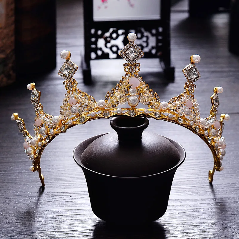Золотая Корона в стиле барокко, повязка на голову для девочек, розовая тиара, свадебные аксессуары для волос, ювелирный свадебный головной убор, повязка на голову, корона принцессы, королевы - Окраска металла: Gold Crown