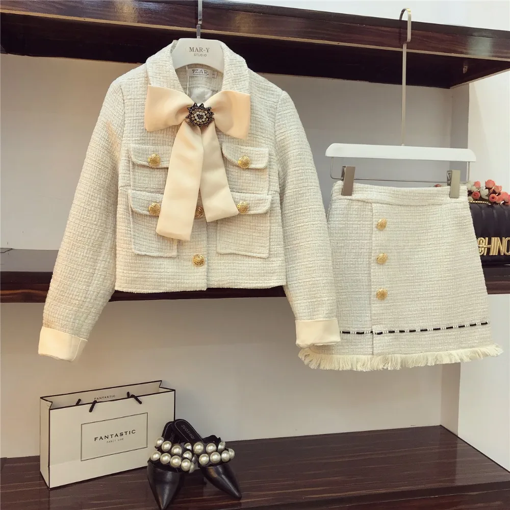 Высокое качество 2019 осень подиум твидовый комплект из 2 предметов юбка женская зимняя Черная куртка с бантом пальто + Высокая талия