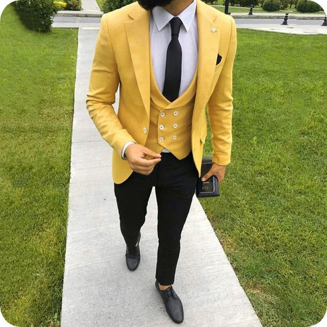 Moda 2019 traje de novio de boda amarillo para hombre traje de 3 piezas de un botón ajustado trajes de fiesta traje de esmoquin para hombre traje de padrino|Trajes| - AliExpress