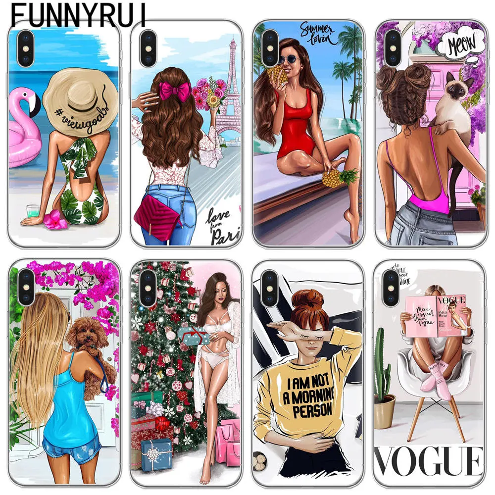 

FUNNYRUI VOGUE Christmas Girl Soft TPU Phone Back Case Cover For Apple iPhone 8 7 6 6S Plus 5S 5 SE X Shell Capa Coque