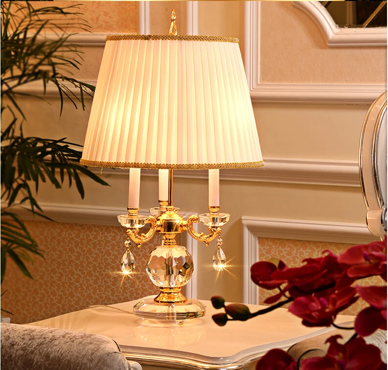 Free Shipping Modern luxury champagne color crystal table lamp European style bedroom bedside lighting fixture lamp