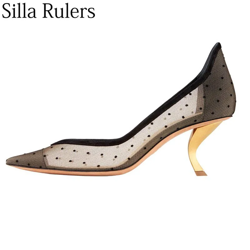 

2019 new spring air mesh strange style heel pumps women sexy pointed toe slip on shallow mules runway shoes women summer shoes