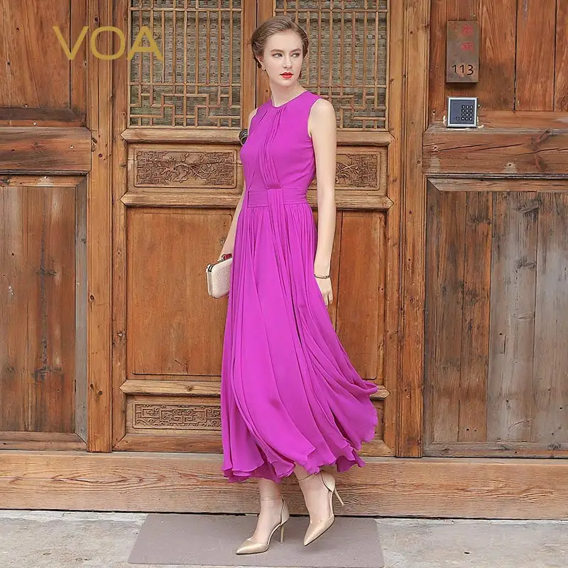 Purple 337 VOA 5XL размера плюс шелк жоржет женское Бохо Макси длинное платье без рукавов фиолетовый голубой повседневное пляжное Плиссированное Платье Лето A5551 - Цвет: Purple 337
