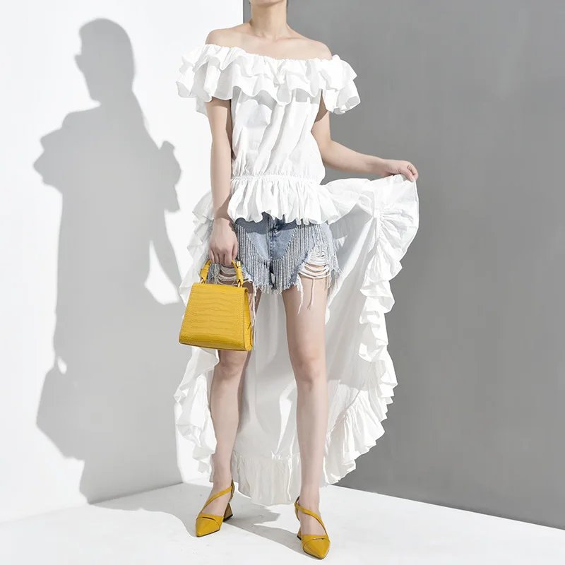 

QING MO Women White Solid Dress Slash Neck Short Sleeve Dress Women Irregular Ruffles Dress 2019 Summer ZQY948