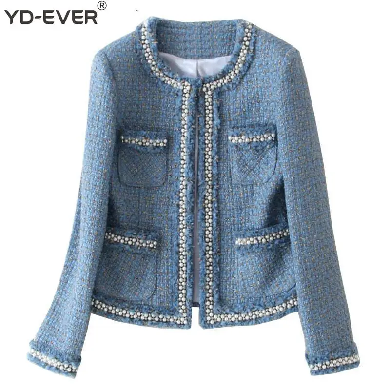 

YD-EVER Blue Tweed Jacket Coat 2018 Autumn Women Beading Long Sleeve Woolen Fringed Trim Tassels Pearl Pocket Runway Jacket