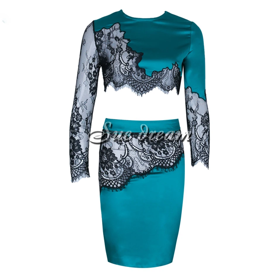 Ocstrade-Long-Sleeve-2-Piece-Dress-Party-Christmas-New-Year-Emerald-Green-Black-Satin-Lace-Two