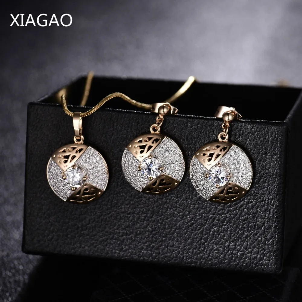 

XIAGAO Vintage Gold Color Women's Jewelry Set Circle Pendant Necklace Earrings Ladies Rhinestone Luxury Turkish Jewelry XGT018