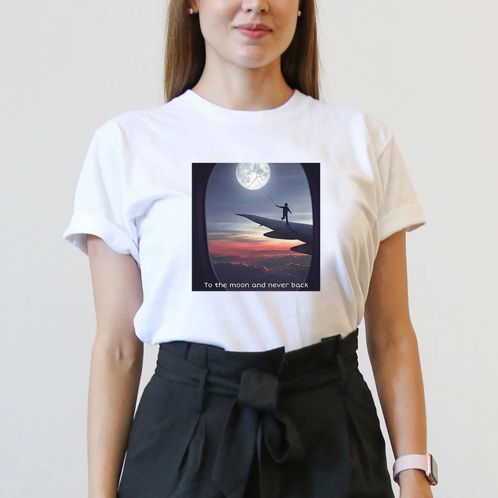 

Funny Printed Cotton Women's T-Shirts Moon Climbing White tops & tees Plus Size Tumblr aesthetic shirts