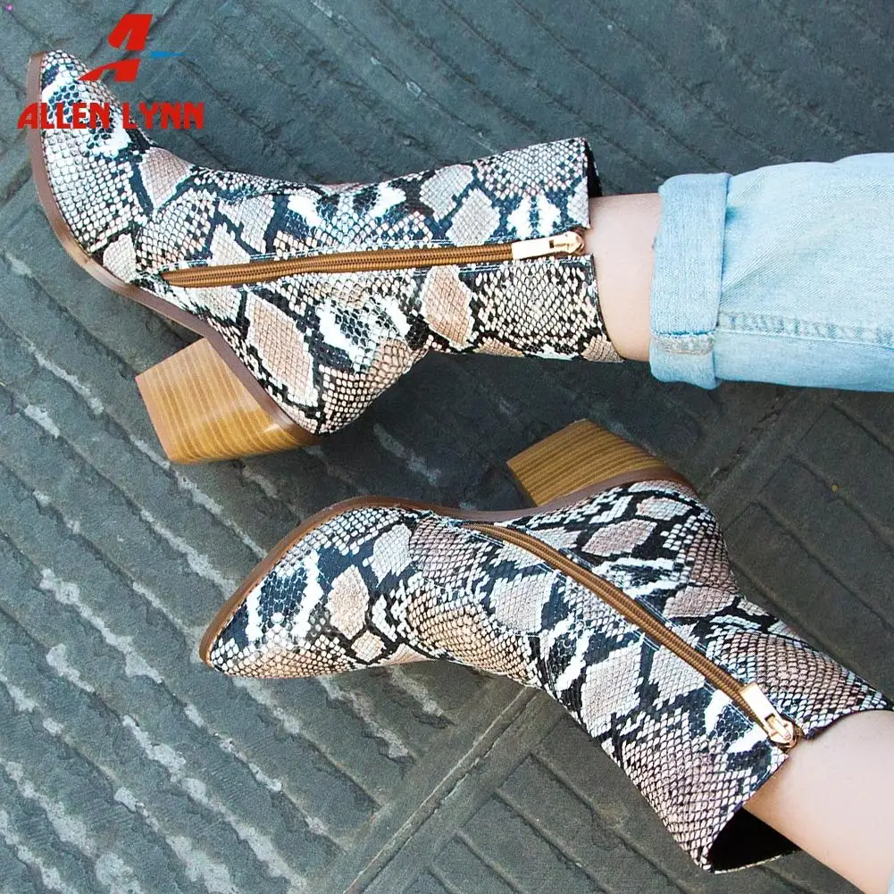 

RIBETRINI Ankle Boots Woman Snake Prints Square High Heels Ankle Boots Ladies Boots Woman Size 34-44