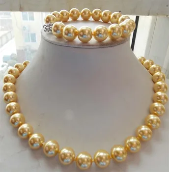 

FREE shipping> >>>>>12mm Gold South Sea Shell Pearl Necklace Bracelet 18''7.5''Set AAA