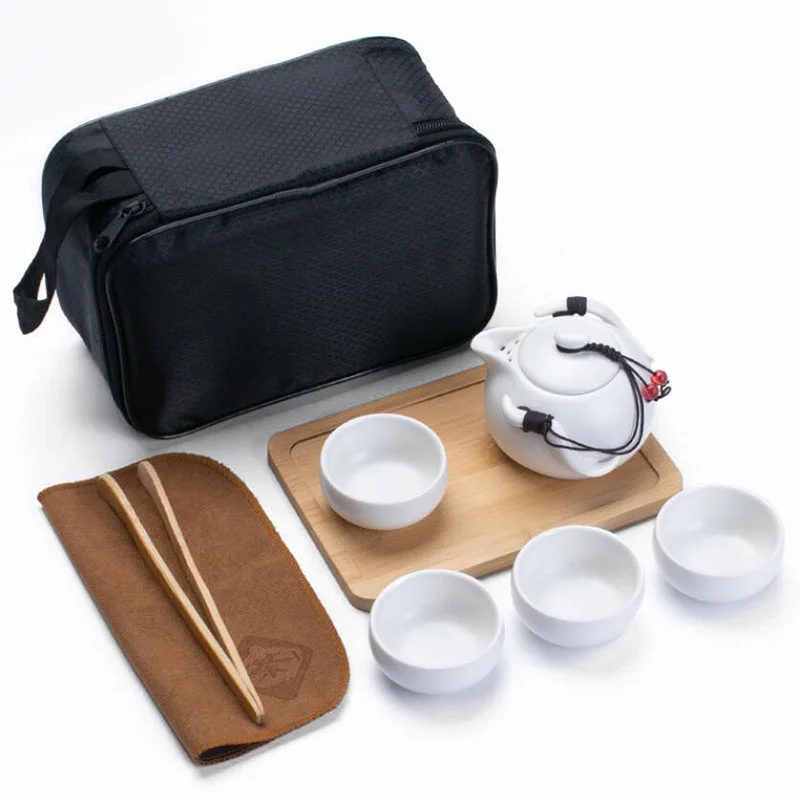 Подгоняемый китайский чайный набор кунг-фу керамический портативный чайник Набор для путешествий на открытом воздухе гайванские чашки для чая церемонии чая чашка прекрасный подарок - Цвет: Белый