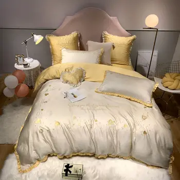 

Grey Yellow Embroidery Comforter Duvet Cover Set Shabby Chic 4/7 Pieces Queen King Bedding SetsTencel Silk Ultra Soft Bed sheet