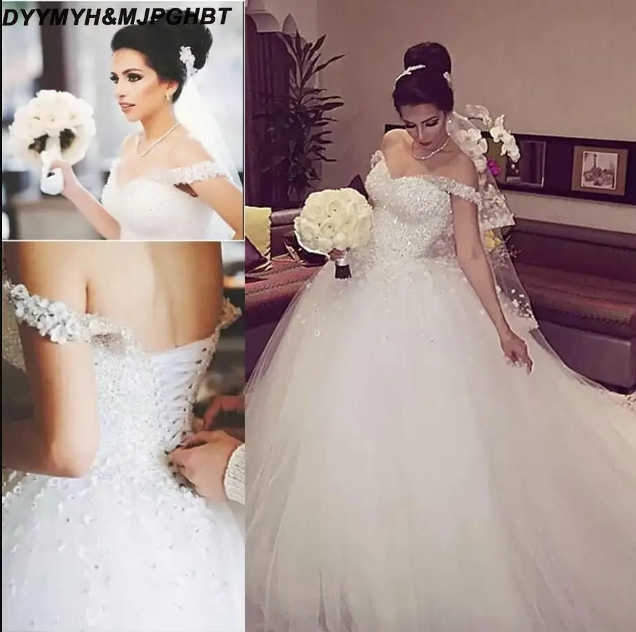 

2019 Elegante Arabic Tulle Wedding Dresses Beading Ball Gown Lace Up Off The Shoulder Tulle Floor Length Bridal Dresses