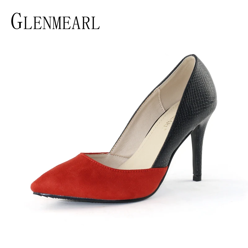 

High Heels Women Pumps Shoes Fashion Soft Leather Color Mixed Thin Heel Office Lady Work Shoes Spring Brand Pointed Toe Pumps DE