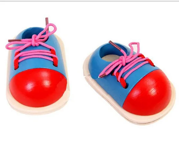 1pair Baby Kids Early Montessori Educational Toys Children Wooden Toys Toddler Lacing Shoes Early Education Teaching