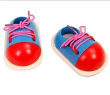 1pair Baby Kids Early Montessori Educational Toys Children Wooden Toys Toddler Lacing Shoes Early Education Teaching