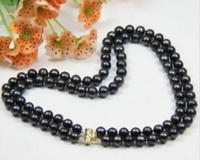 

charming 2 ROW AAA 9-10MM TAHITIAN NATURAL BLACK PEARL NECKLACE Yellow Clasp