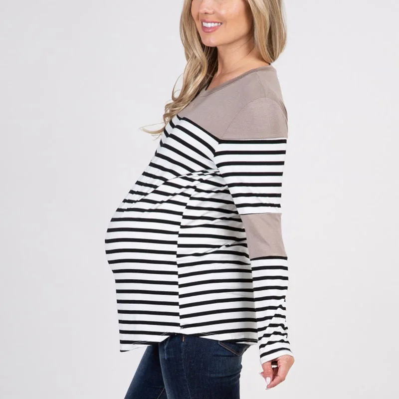 Полосатые топы для беременных, Одежда для беременных, футболки для беременных, одежда с длинным рукавом для будущих мам, Весенняя футболка, одежда для мам - Цвет: Серый