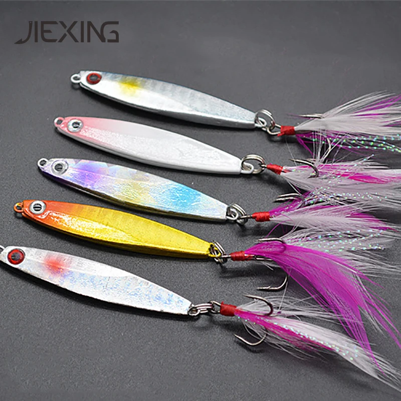 Metal Jigging Fishing Lure 14g 21g Spoon Lure with Feather Artificial