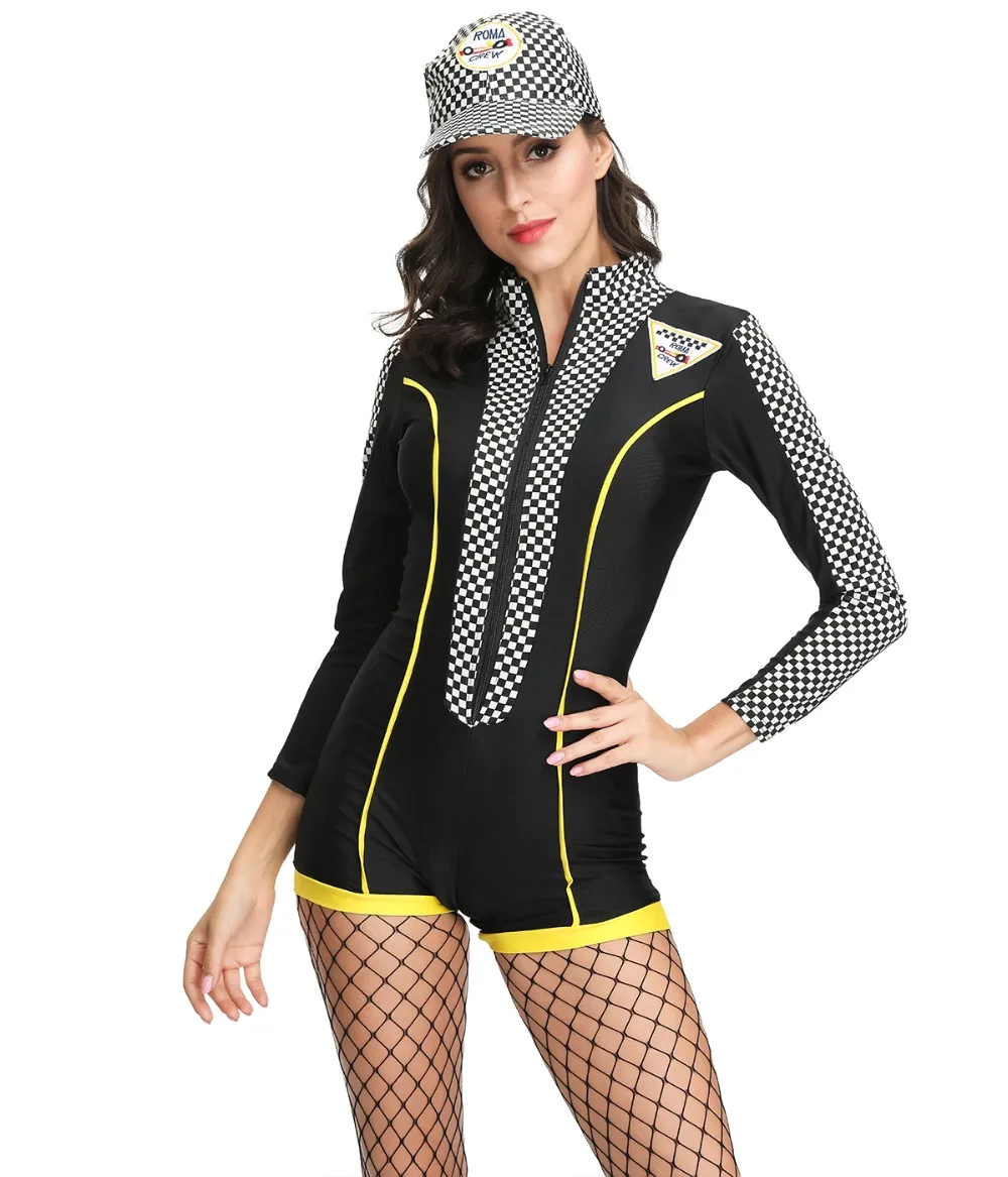 Black Sexy Plaid Super Race Car Driver Sport Short Jumpsuit Costume Long Sleeves Racing Girl Cheerleader Costume Uniform And Hat